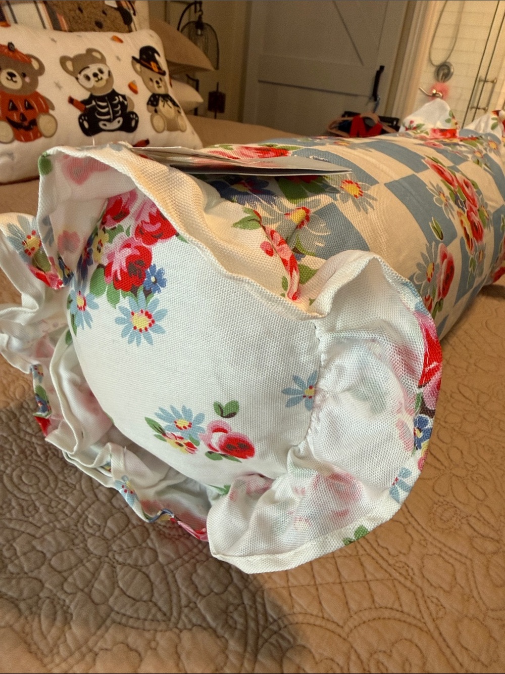 Cath Kidston Blue & Pink Floral Check Bolster Pillow - Picture 4 of 5